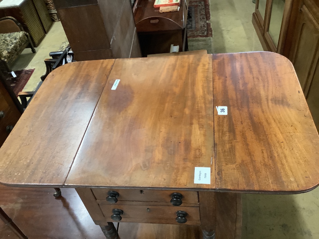 A Regency mahogany drop leaf work table, width 50cm depth 35cm height 68cm